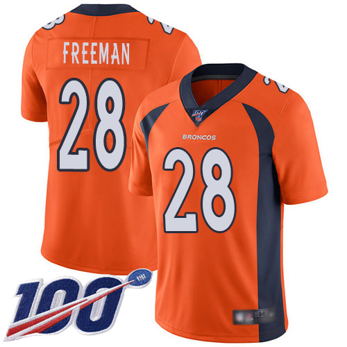 Men Denver Broncos #28 Royce Freeman Orange Team Color Vapor Untouchable Limited Player 100th Season Football NFL Jersey